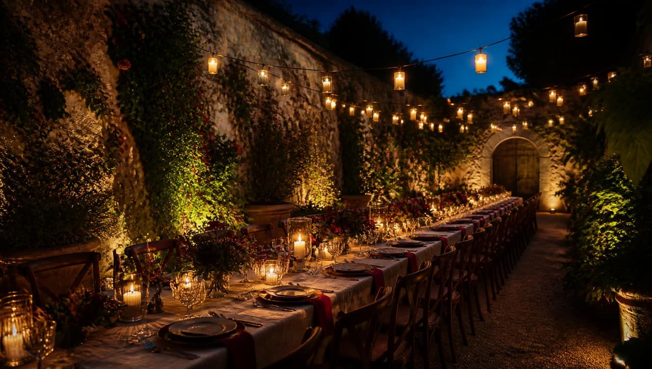 A long candlelit table set for dinner in a walled garden at dusk, lanterns strung overhead above climbing greenery and weathered stone.