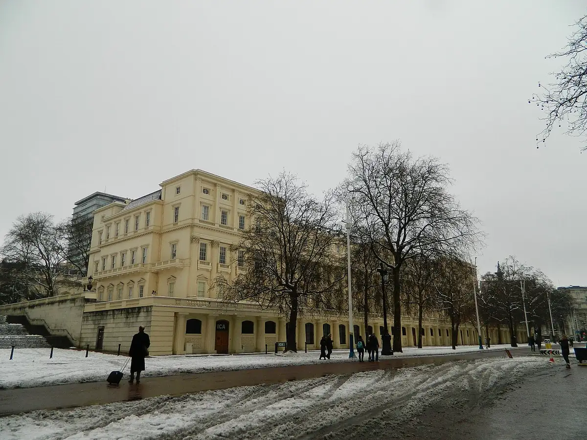Cream stucco 10-11 Carlton House Terrace above The Mall on a snowy day