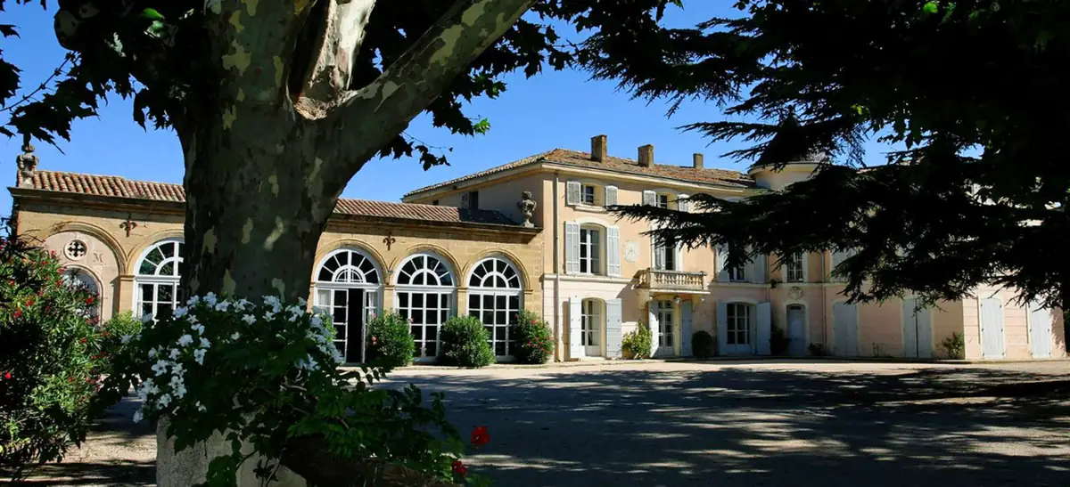 Stone facade of Château d'Alphéran framed by plane trees near Aix-en-Provence