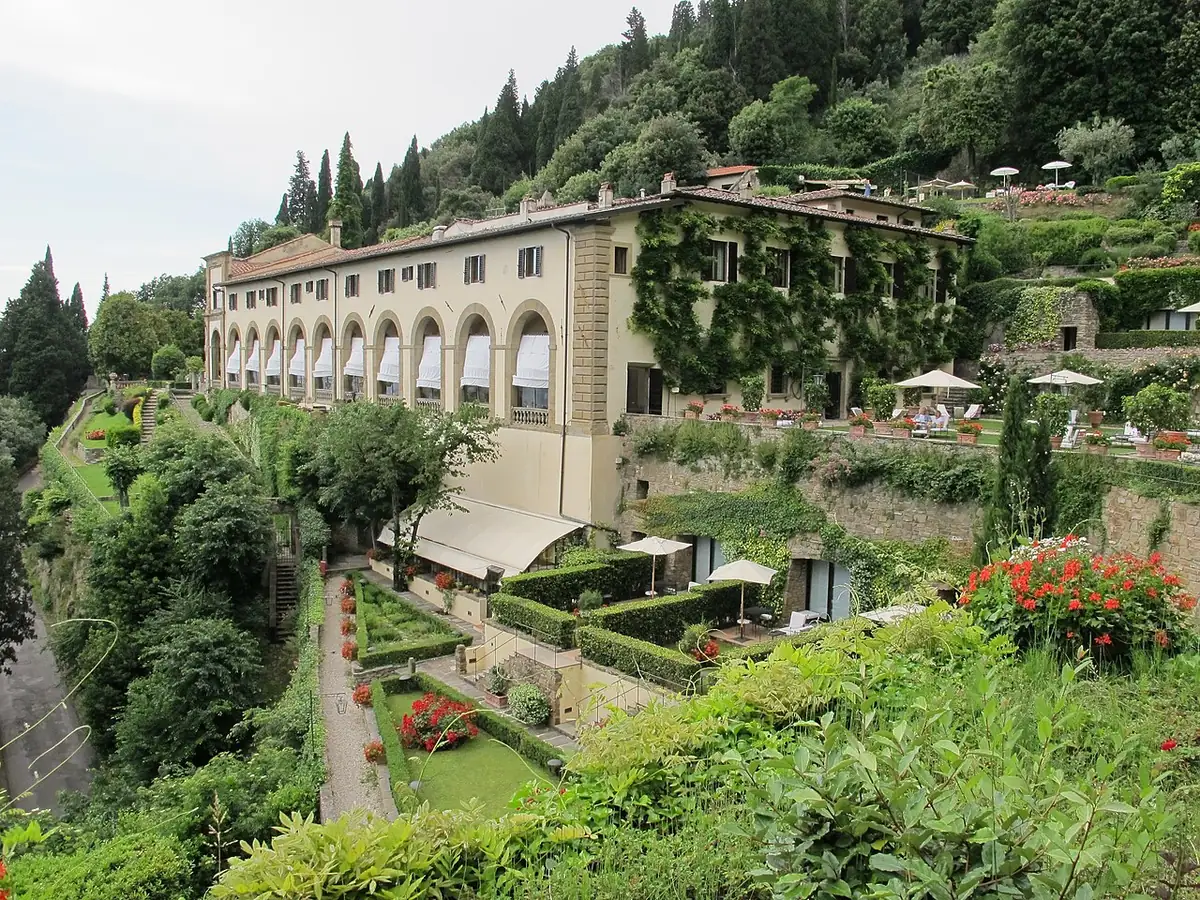 Loggia facade of Villa San Michele above terraced gardens in Fiesole