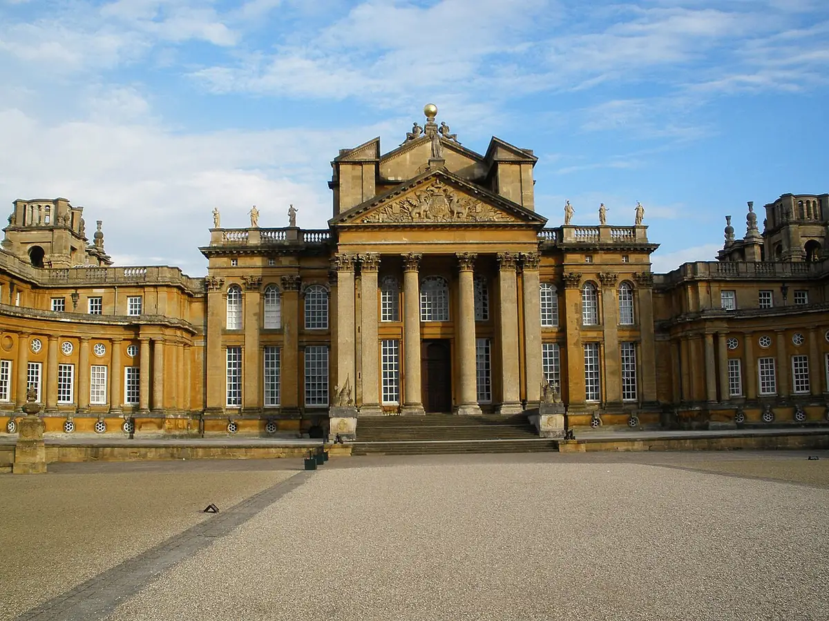 Columned portico of Blenheim Palace across the Great Court