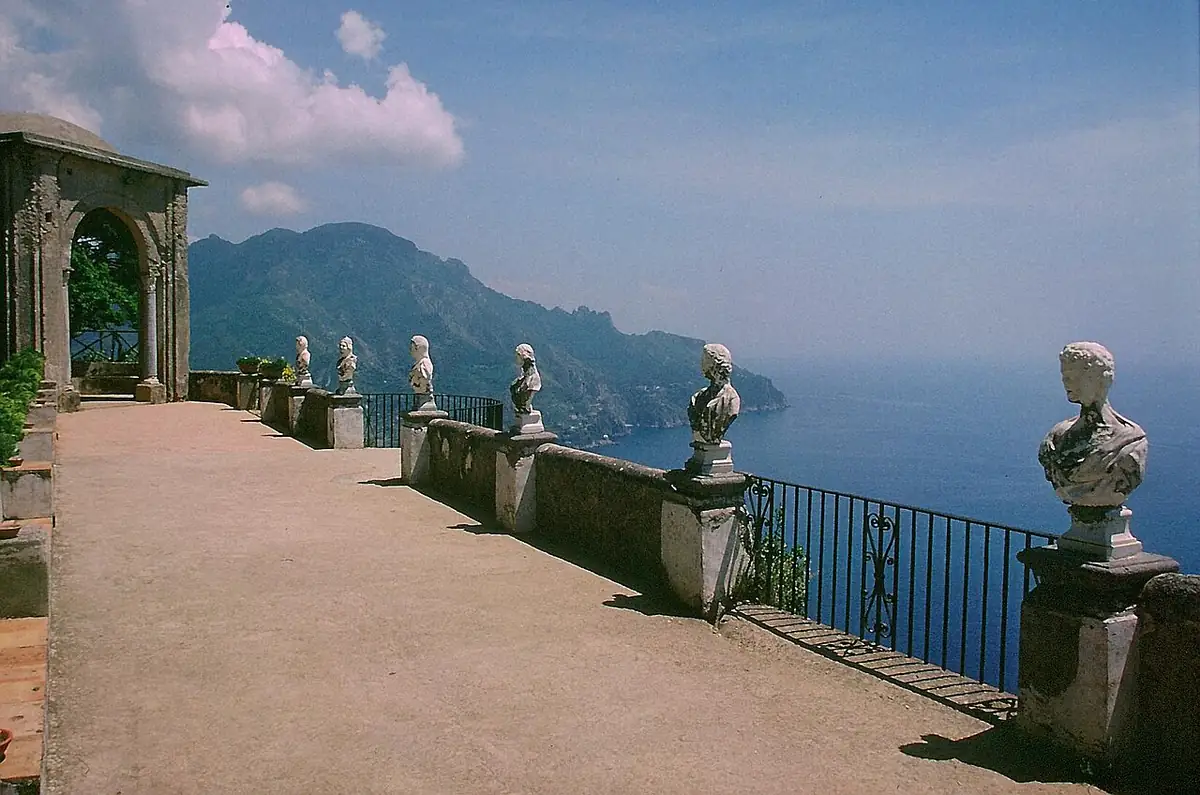 The Terrace of Infinity at Villa Cimbrone, lined with marble busts above the sea