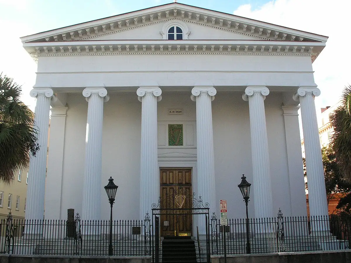 White Greek Revival temple front of Hibernian Hall on Meeting Street, Charleston